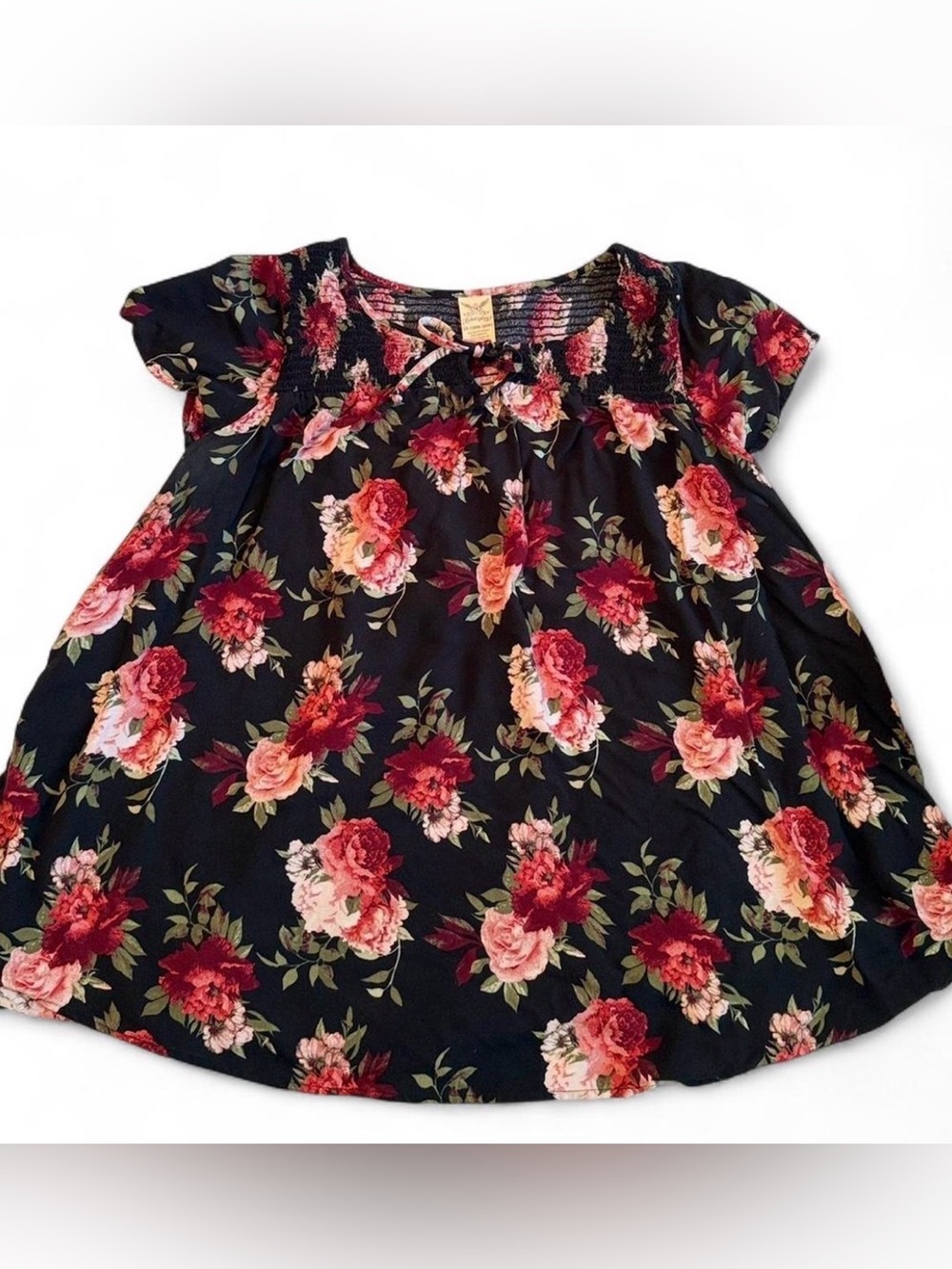 Faded Glory Womens 2X Floral Smocked Top Keyhole Tie Floral Peasant Whimsigoth